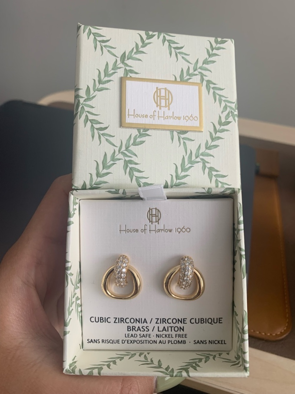 House of Harlow 1960 Gold and Clear Cubic Zirconia Loop Earrings